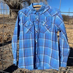 Wrangler Kid's Retro Western Blue Plaid Shirt with Pearl Snaps XL